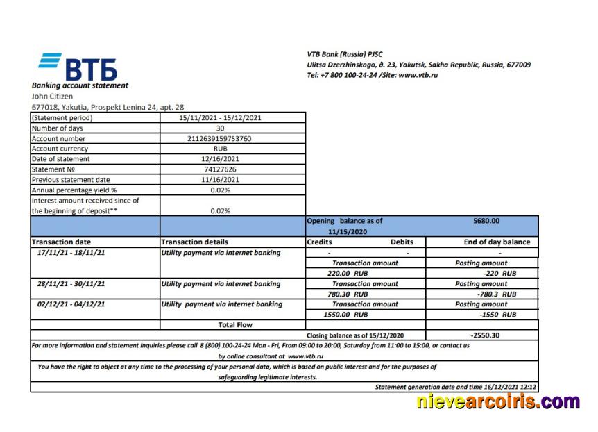 Russia VTB bank statement easy to fill in .xls and .pdf file format